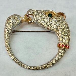 VTG Gold-Tone Green Eyed Cobra Red Necklace Rhine Brooch Pin
